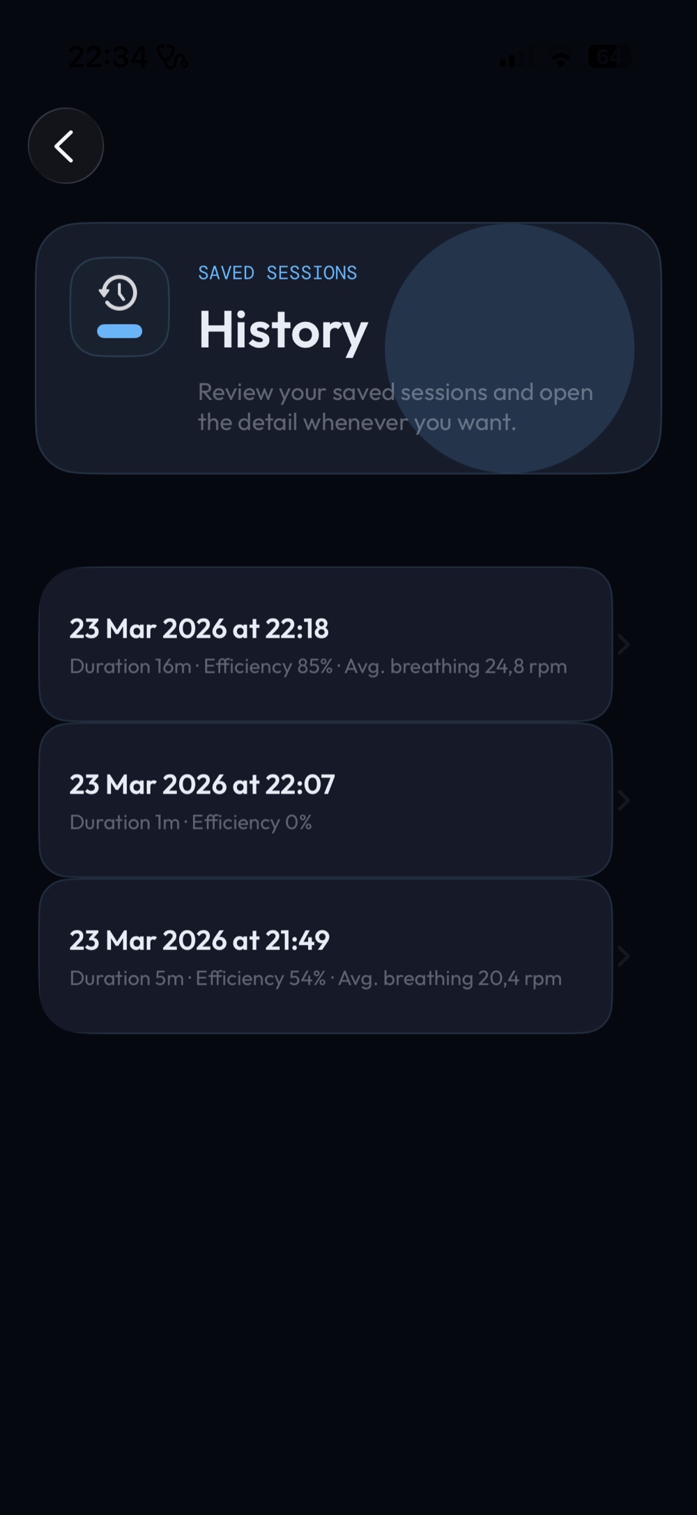 Historial de sesiones en BB Breath AI