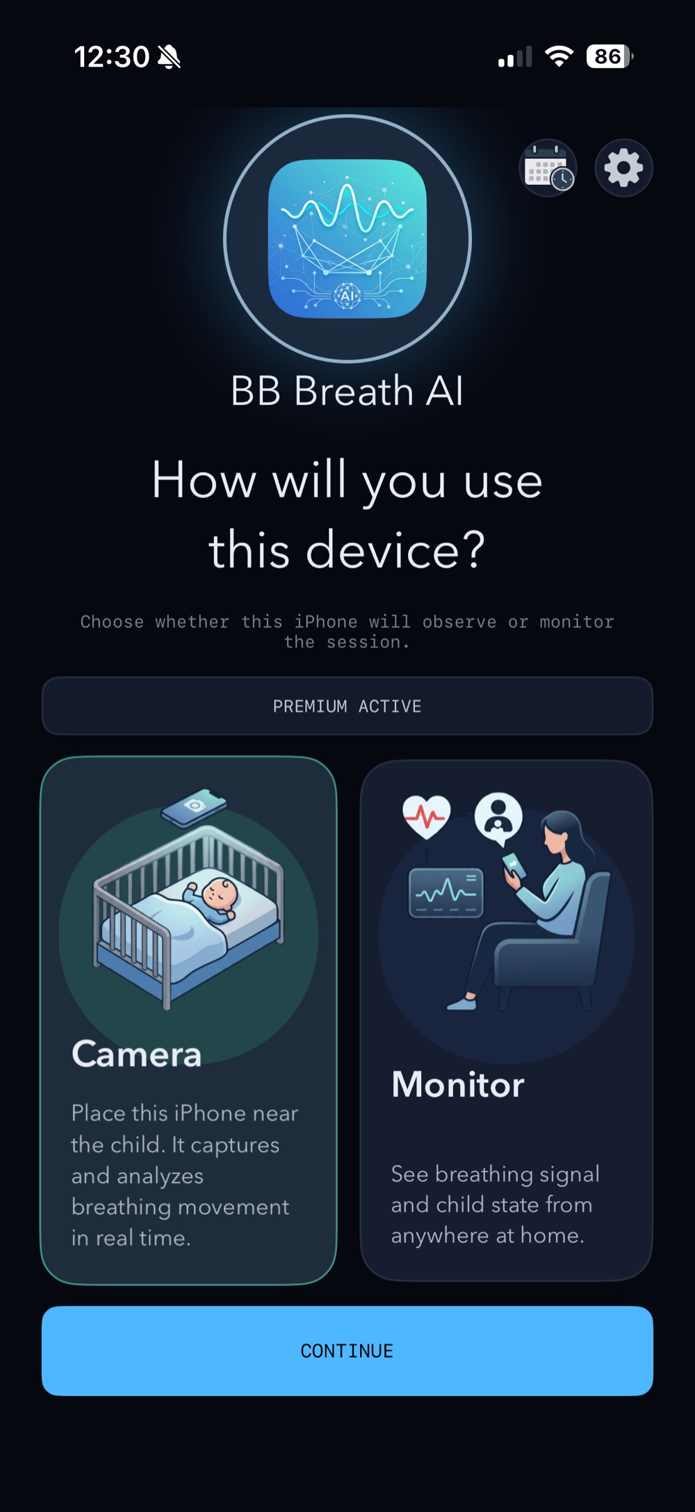 Selección de modo cámara o monitor en BB Breath AI